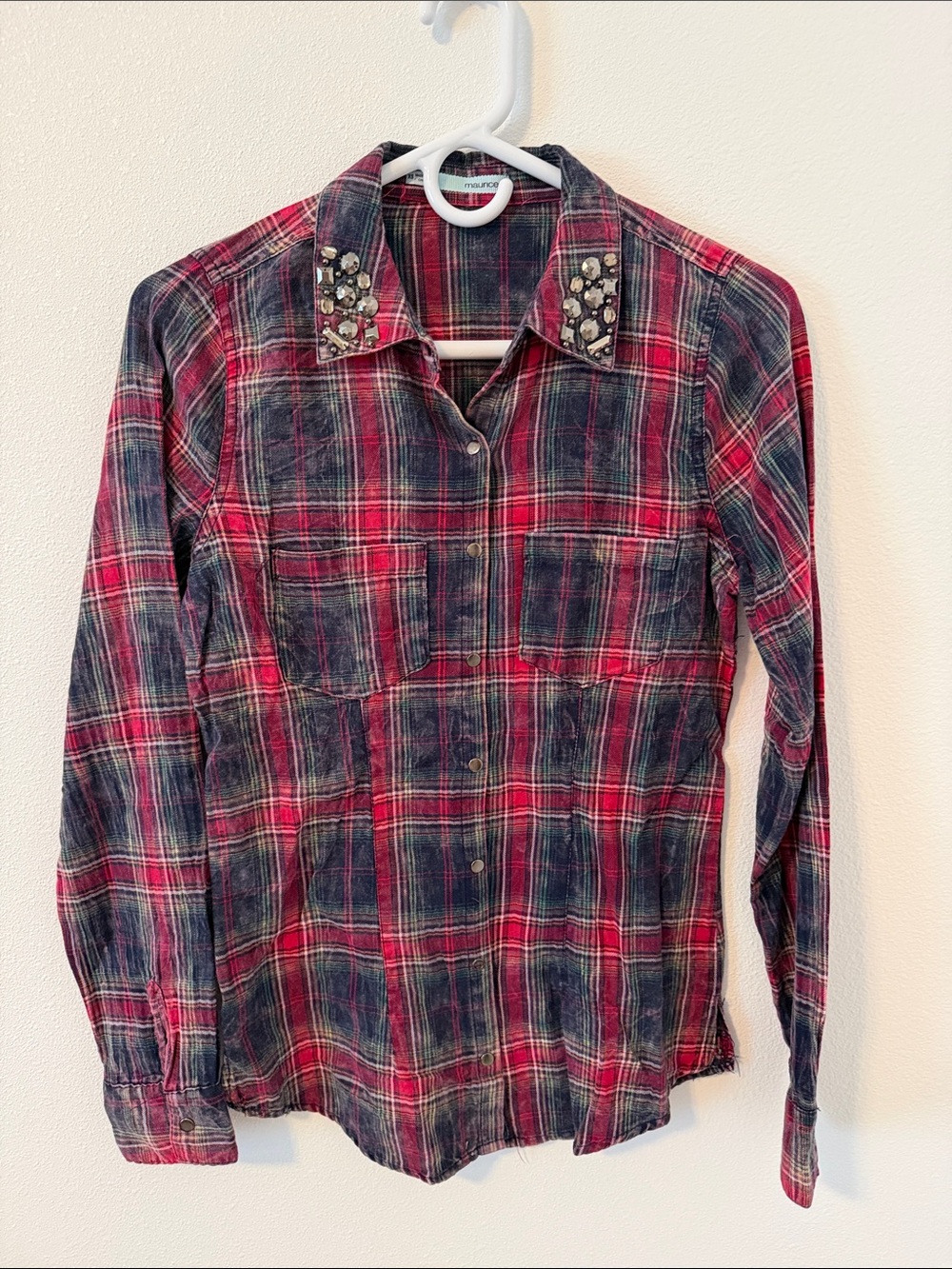 Maurice’s Studded Collar Red & Navy Plaid Button-Up Shirt